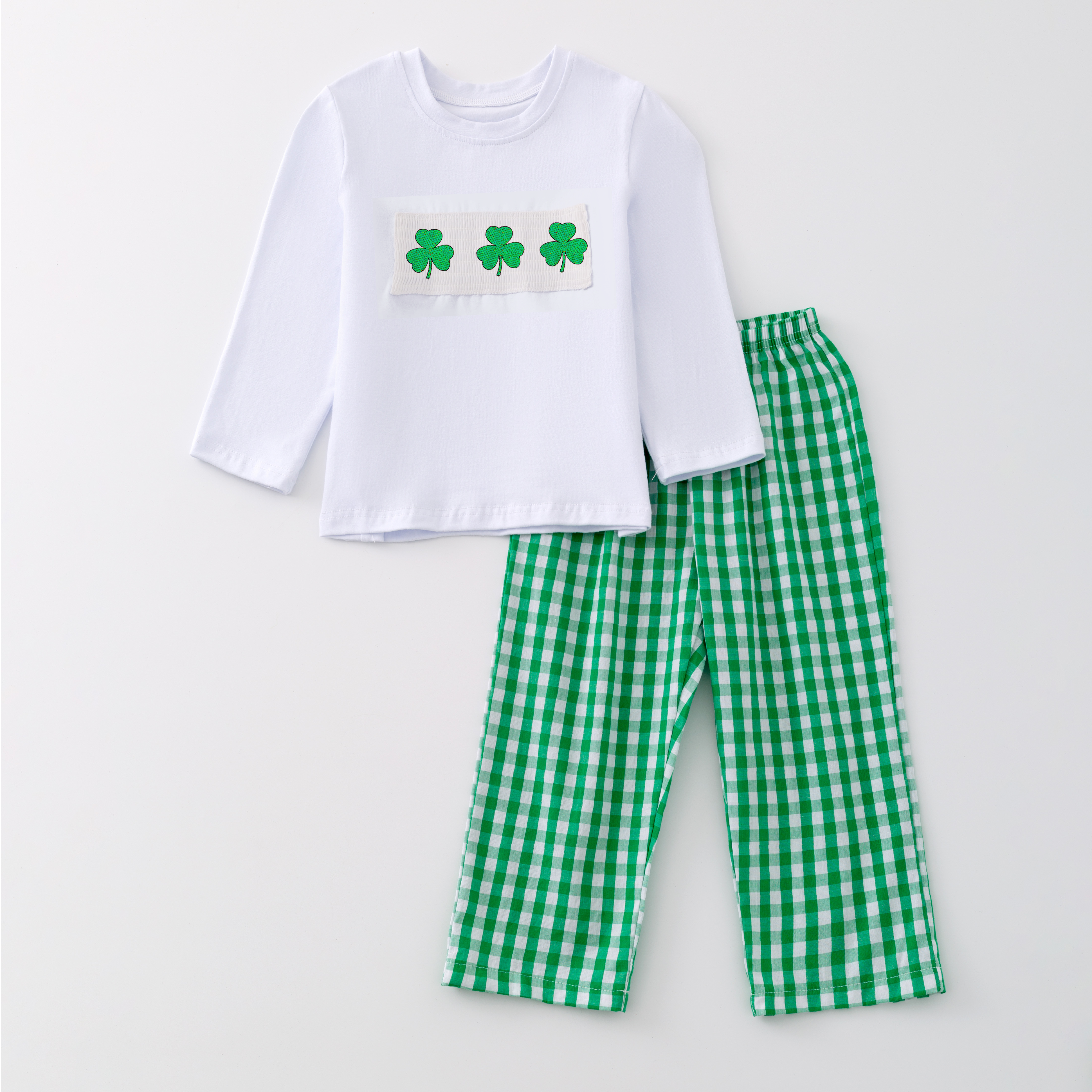 (Pre Order)St. Patrick's Day Shamrock Embroidery Smocked Romper Dress Outfit Set