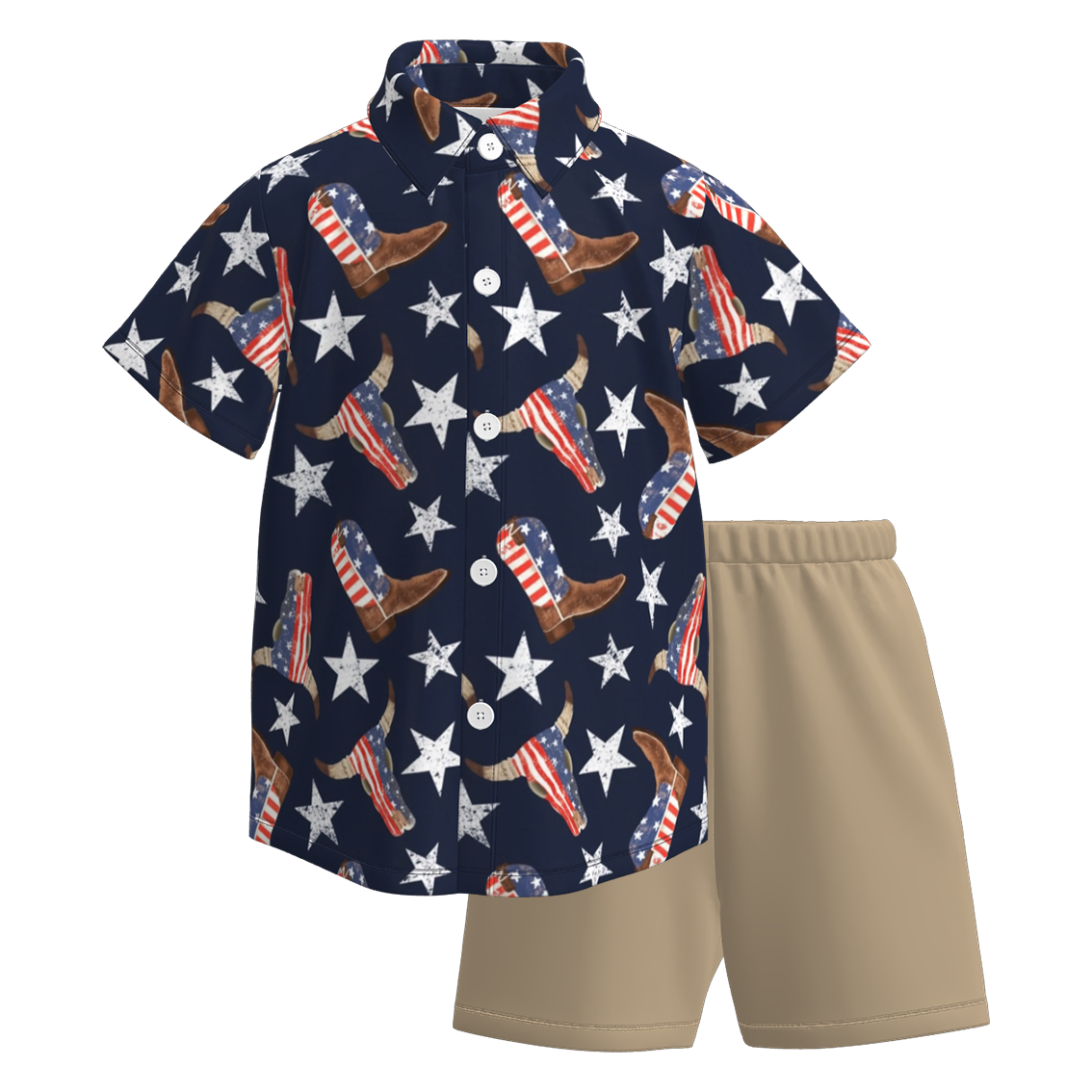 (Pre Order)Boys Patriotic Print Four-way Stretch Shirt Set