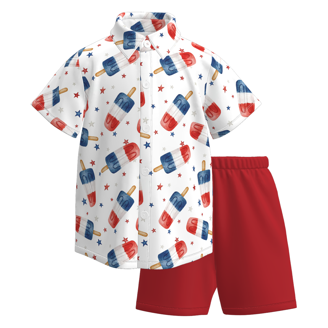 (Pre Order)Boys Patriotic Print Four-way Stretch Shirt Set