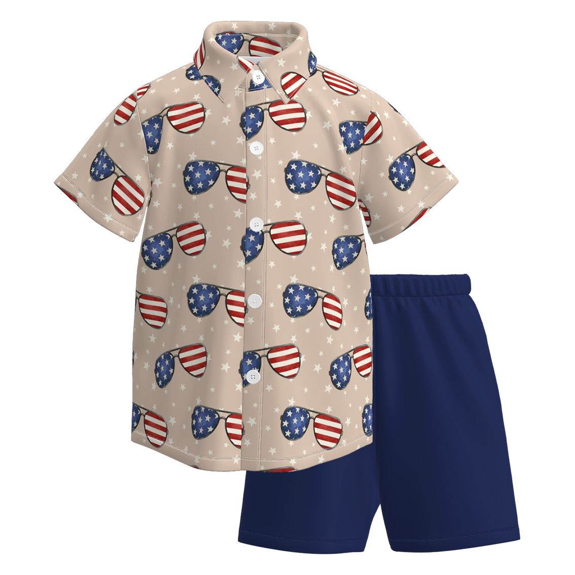 (Pre Order)Boys Patriotic Print Four-way Stretch Shirt Set