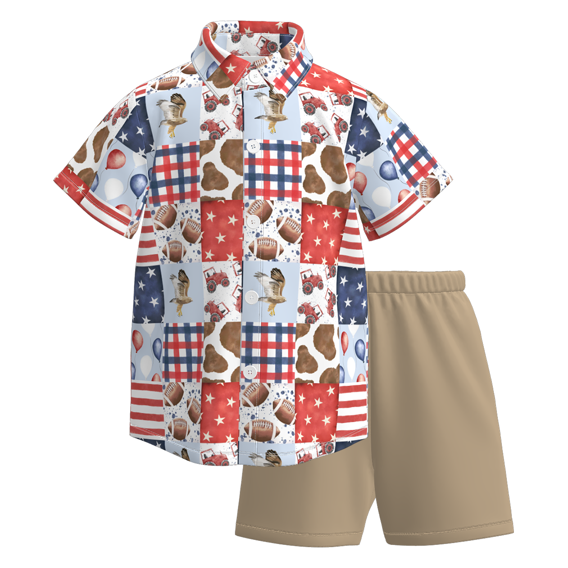 (Pre Order)Boys Patriotic Print Four-way Stretch Shirt Set