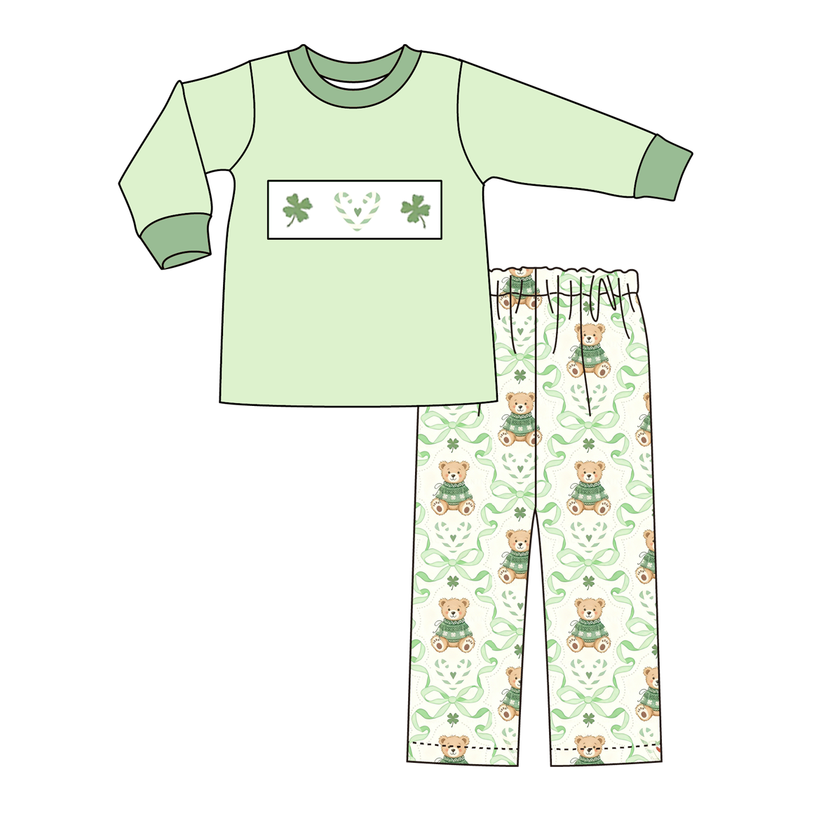 (Pre Order)Siblings St. Patrick's Day Shamrock Embroidery Smocked Set&Romper
