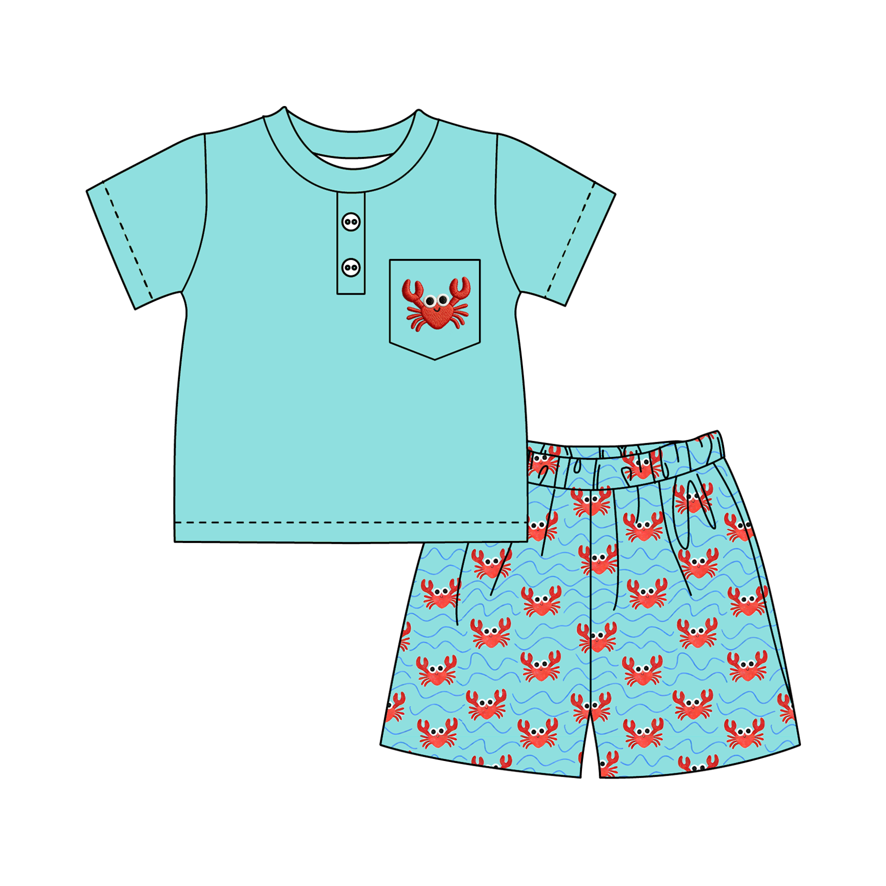 (Pre Order)Siblings Summer Crab Embroidery Smocked Dress,Bloomer Set&Romper