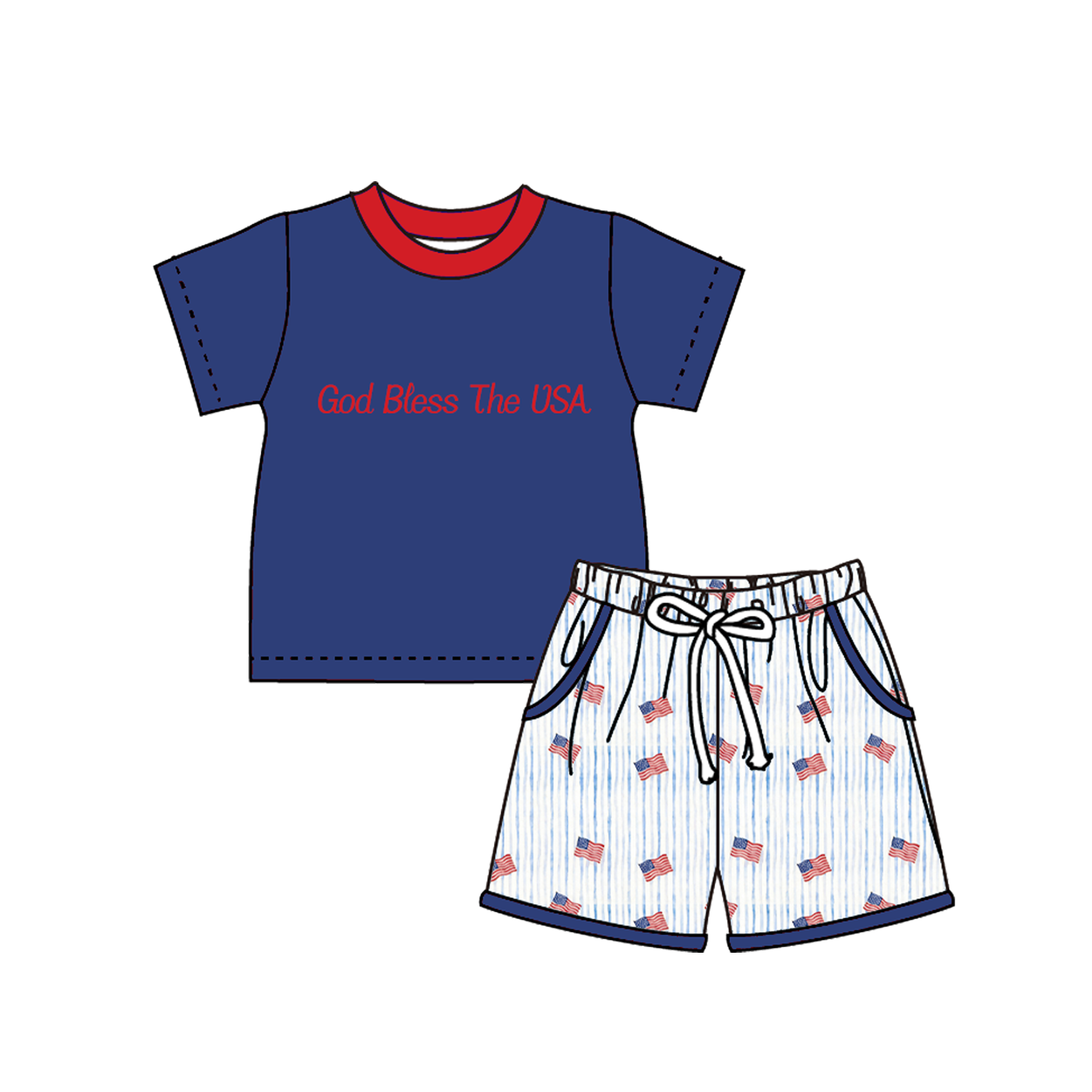(Pre Order)Siblings Patriotic God Bless The USA Embroidery Smocked Set&Romper