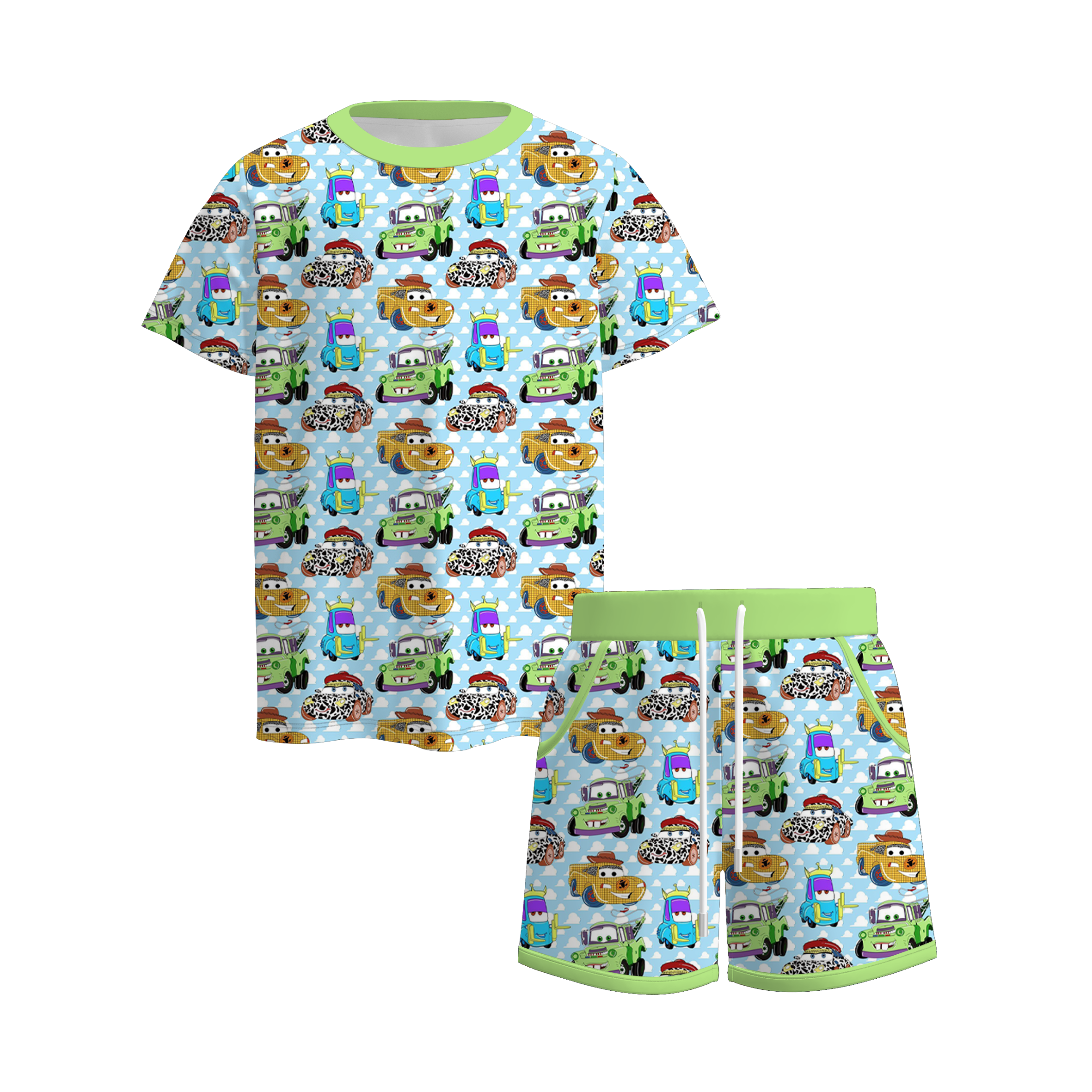 (Pre Order)Family Spring&Summer Cartoon Car Print Dress,Set,Jumpsuit,Romper&Top