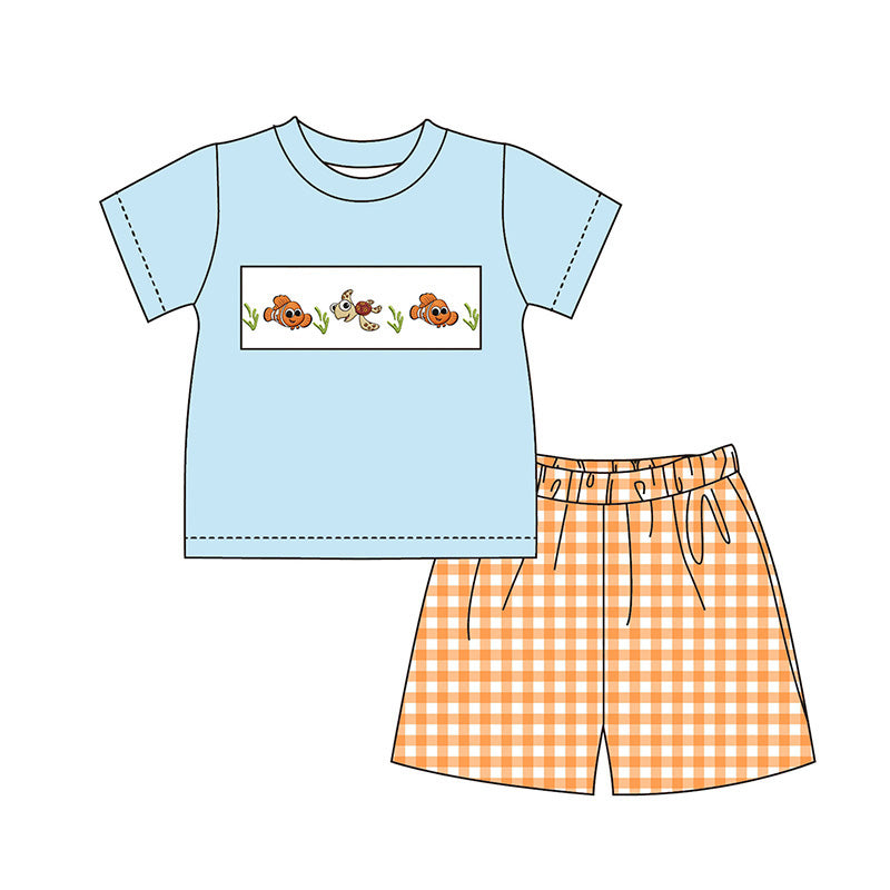(Pre Order)Siblings Spring&Summer Cartoon Fish Embroidery Smocked Dress,Set&Romper