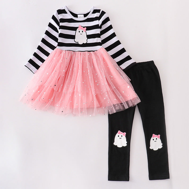 (In Stock E31-1-3 G11-2-1)Girls Halloween Ghost Embroidery Outfit Set