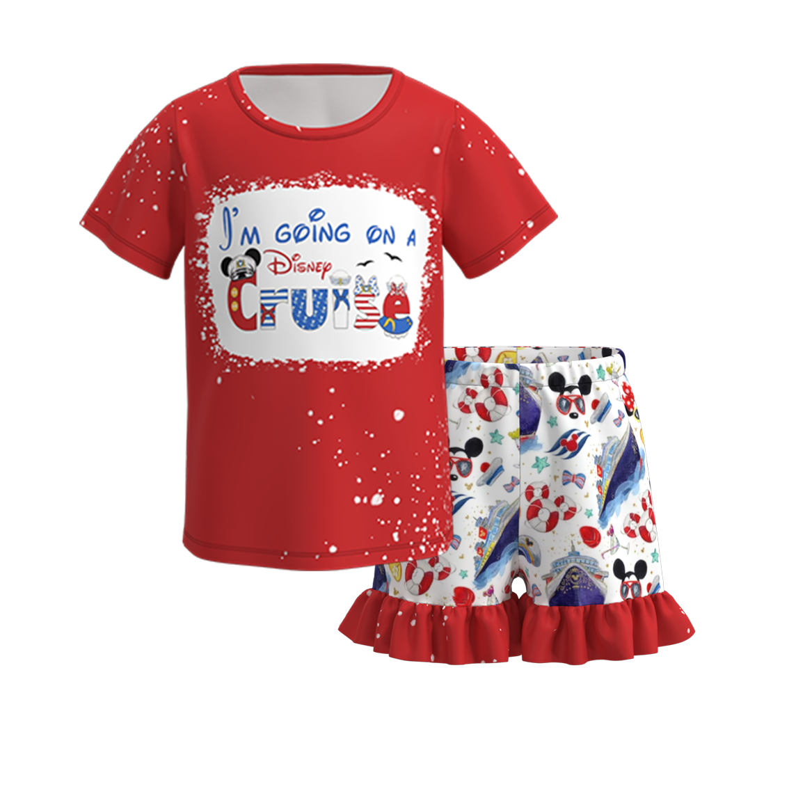 (Pre Order)Summer Girls Cruise Print Ruffled Short Set