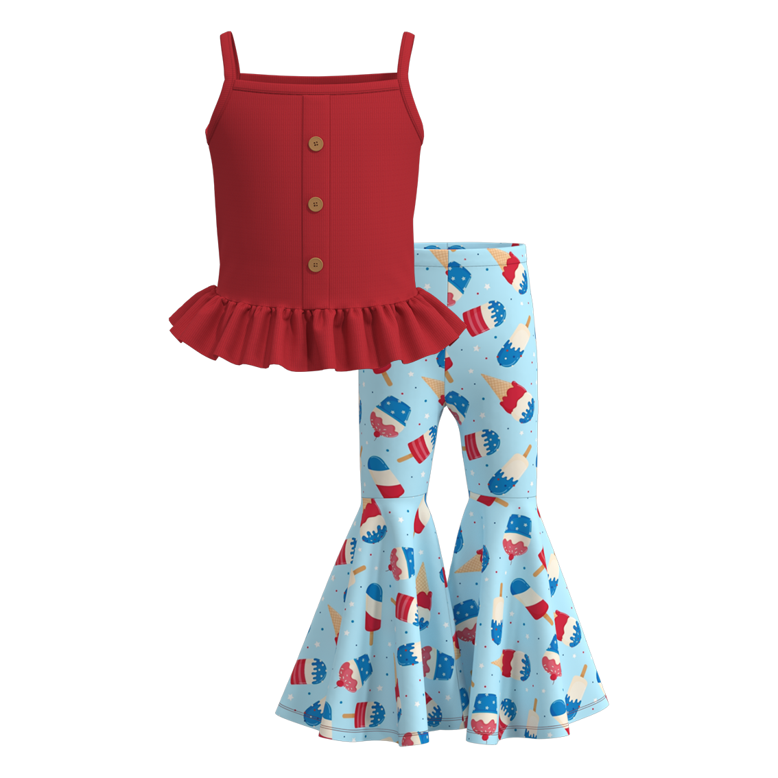 (Pre Order)Girls Rib Top Patriotic Print Flared Pants Set