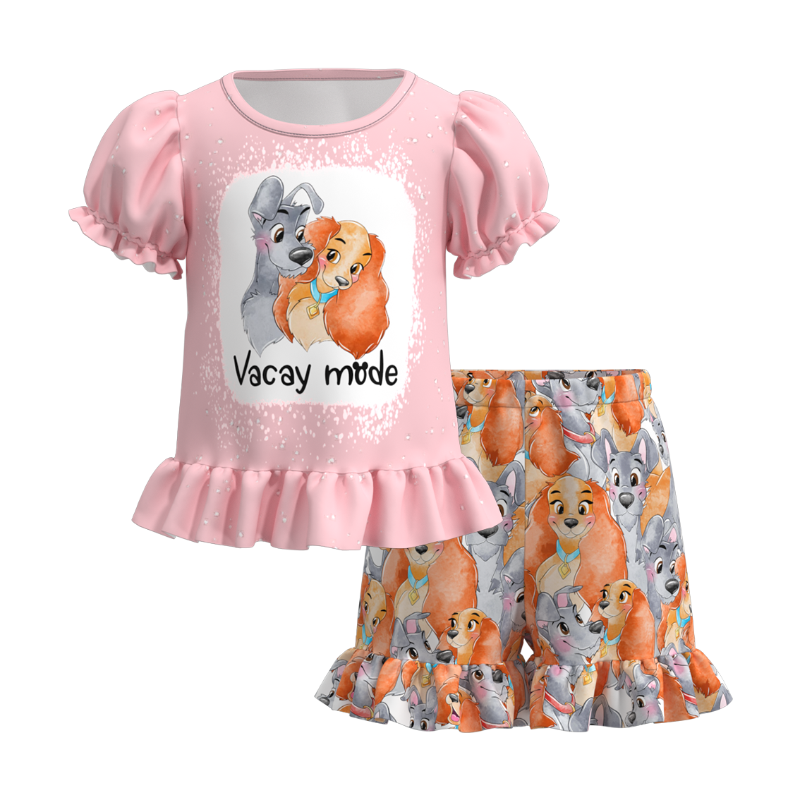 (Pre Order)Girls Summer Cartoon Print Ruffled Short Set