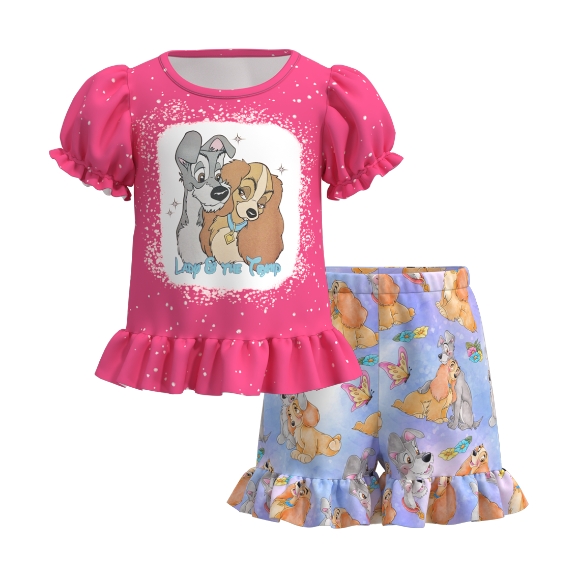 (Pre Order)Girls Summer Cartoon Print Ruffled Short Set