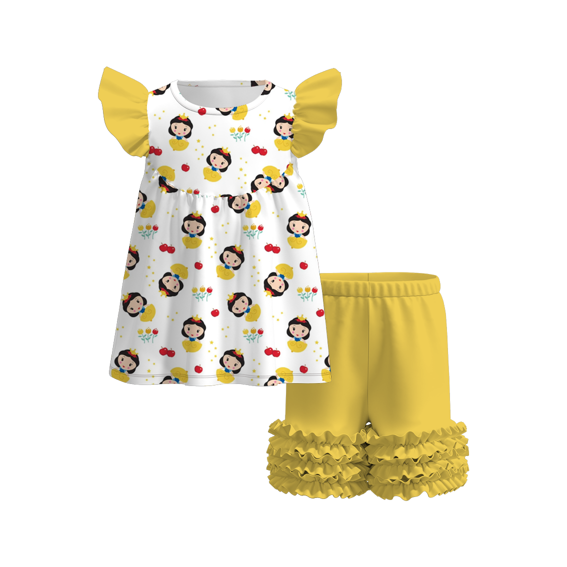 (Pre Order)Girls Summer Snow White Print Ruffled Flying Sleeve Short Set