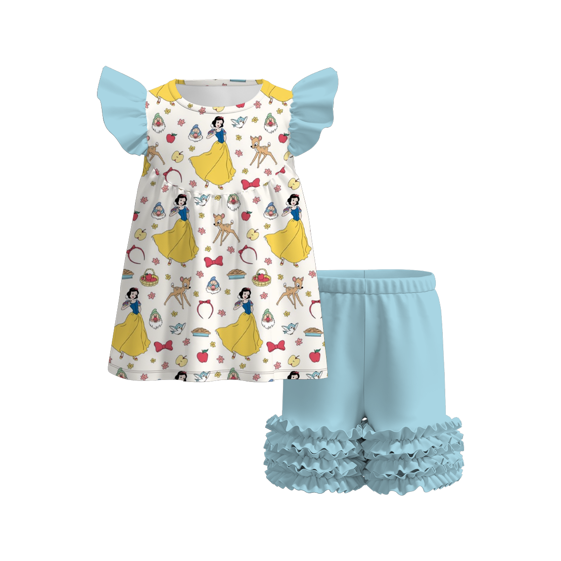 (Pre Order)Girls Summer Snow White Print Ruffled Flying Sleeve Short Set