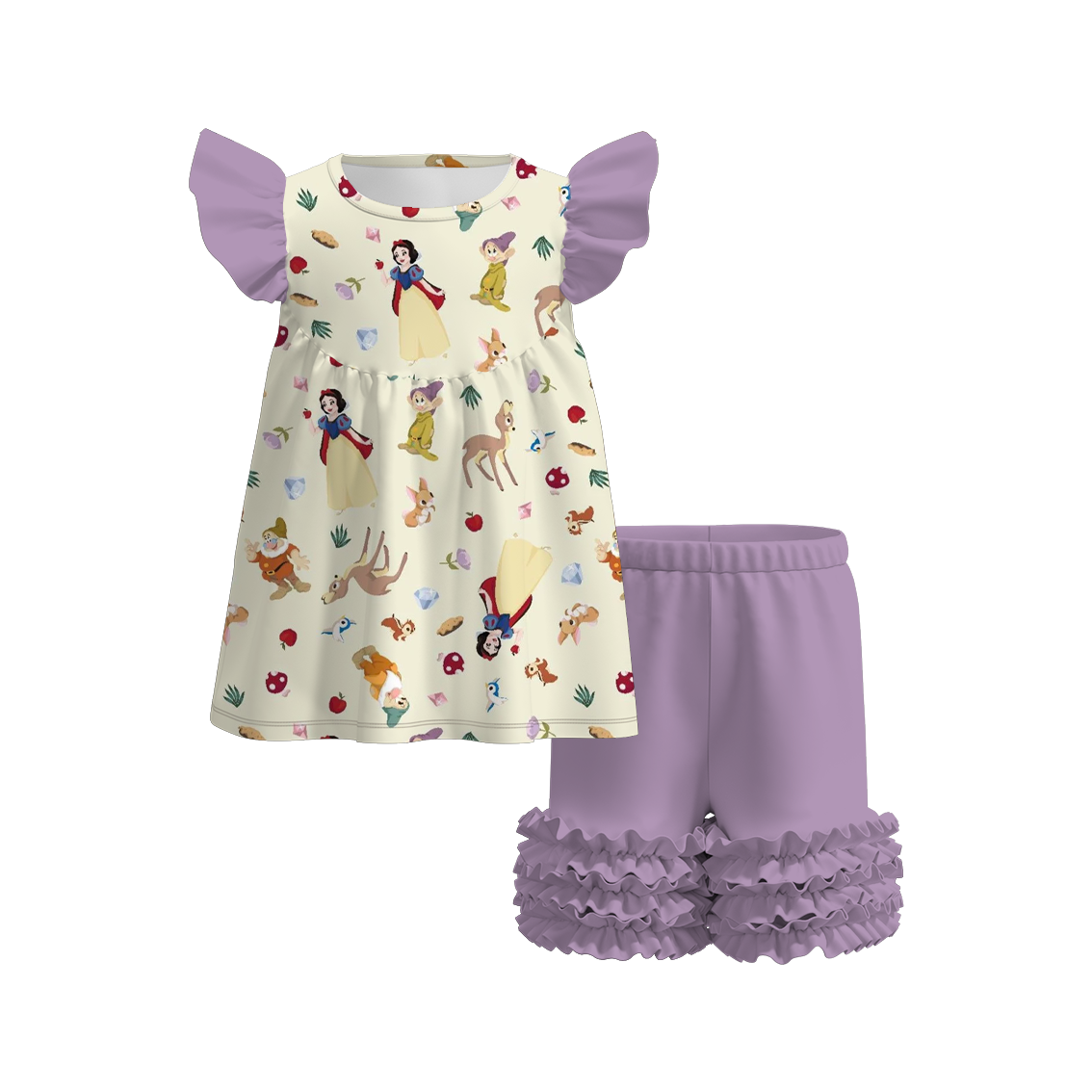 (Pre Order)Girls Summer Snow White Print Ruffled Flying Sleeve Short Set