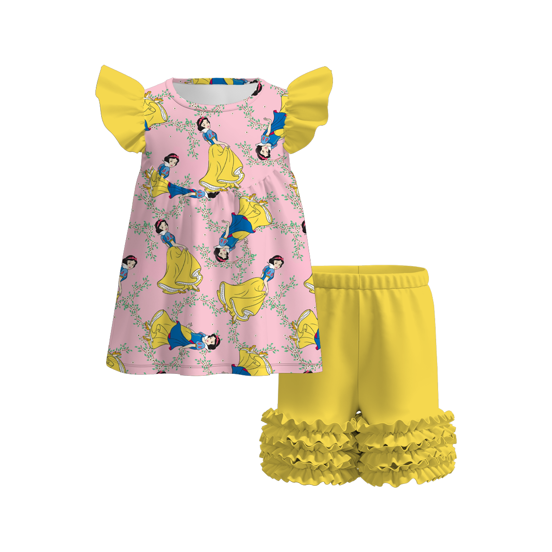 (Pre Order)Girls Summer Snow White Print Ruffled Flying Sleeve Short Set