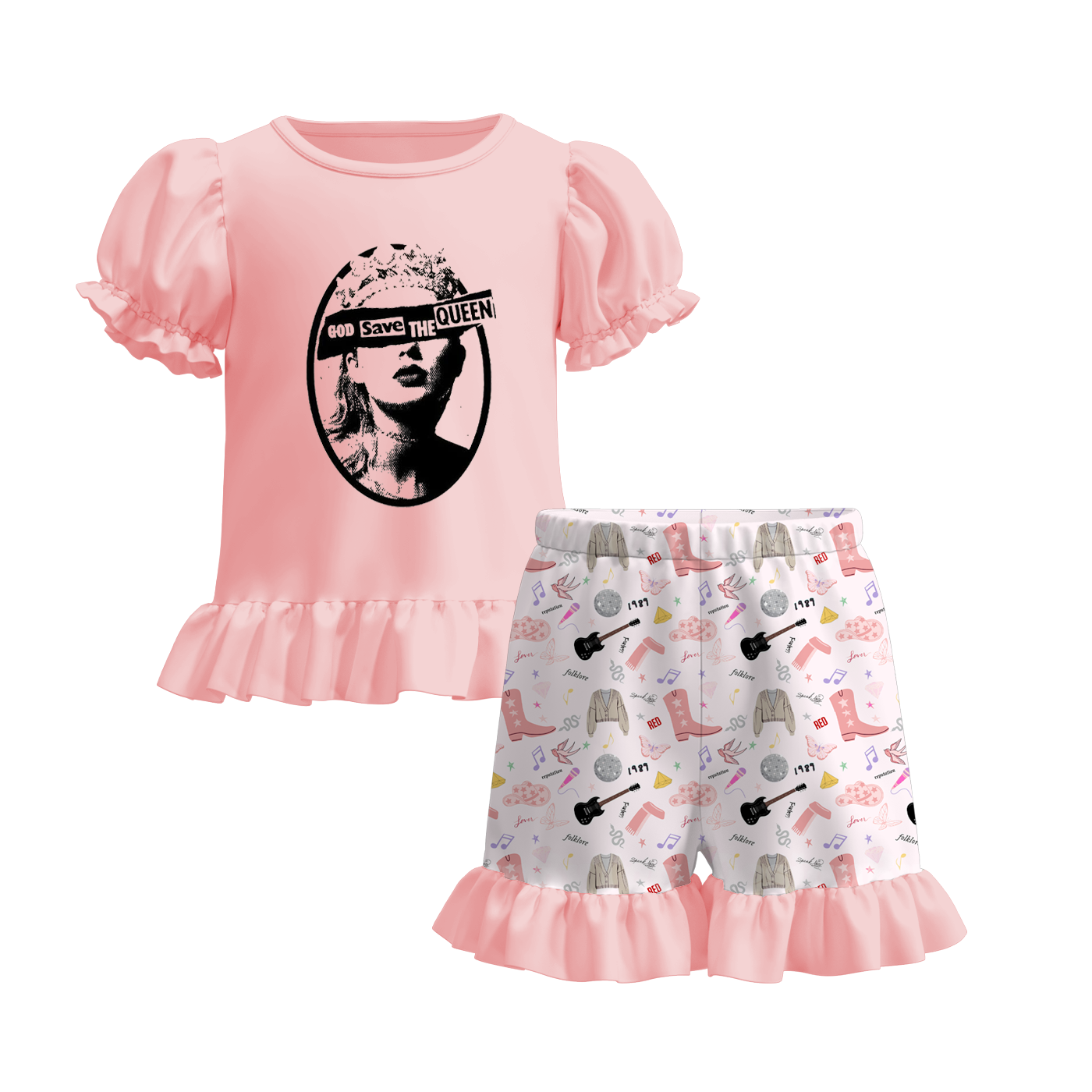 (Pre Order)Girls Summer TS Print Ruffled Short Set