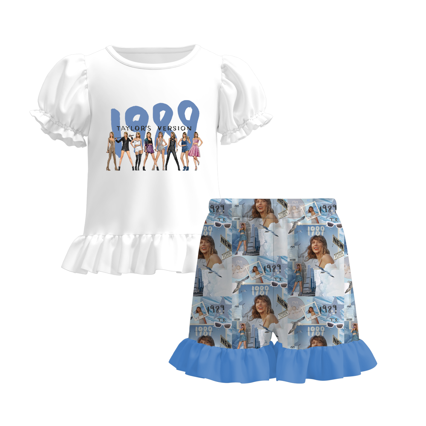 (Pre Order)Girls Summer TS Print Ruffled Short Set