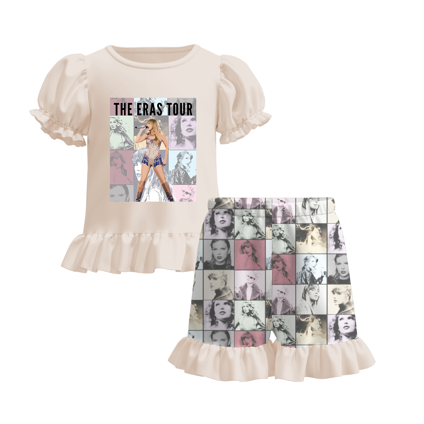 (Pre Order)Girls Summer TS Print Ruffled Short Set