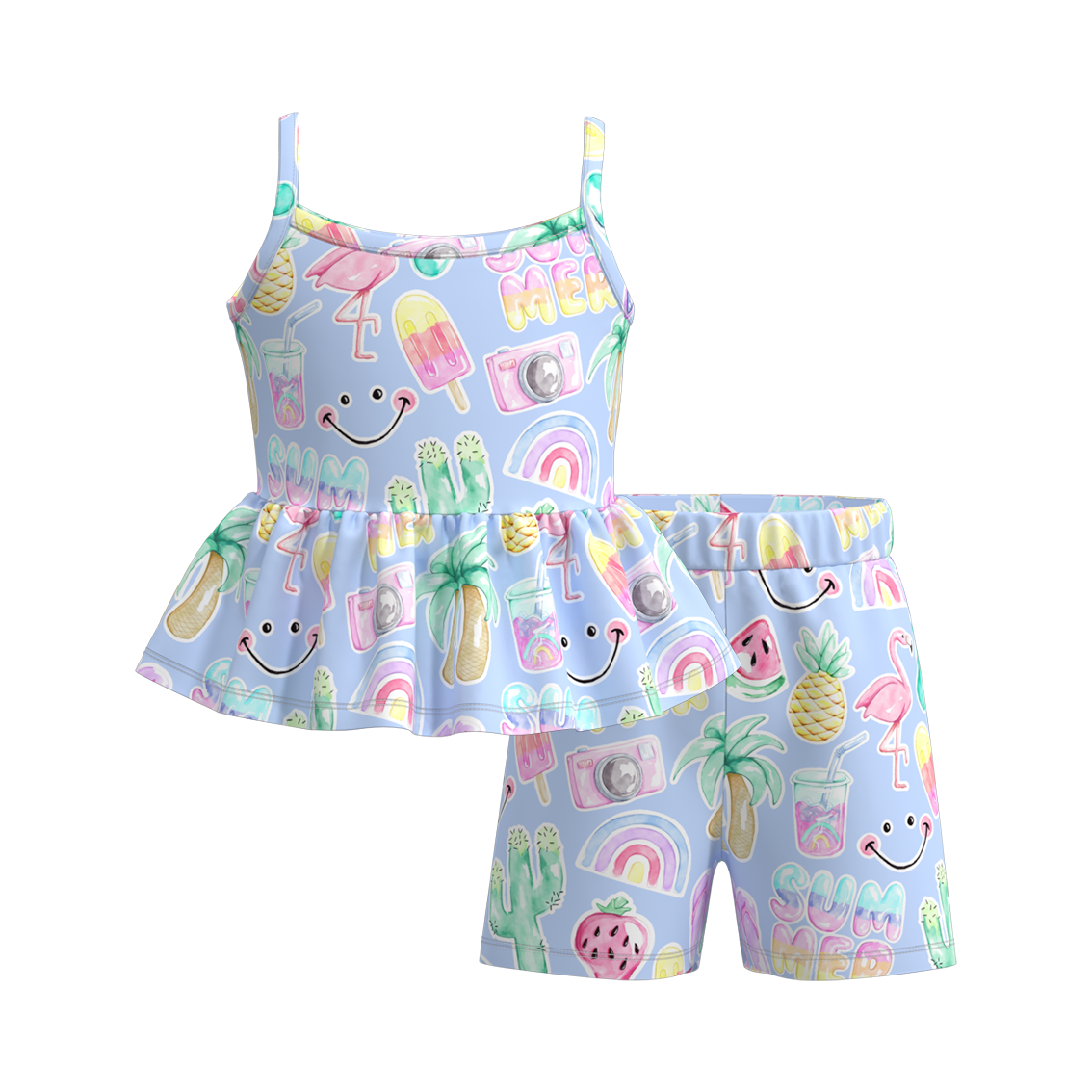 (Pre Order)Girls Summer Cartoon Print Slip Short Set