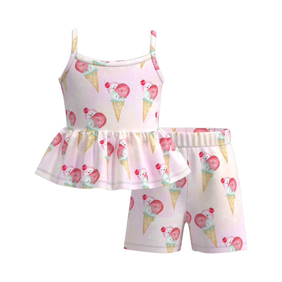 (Pre Order)Girls Summer Ice Cream Print Slip Short Set