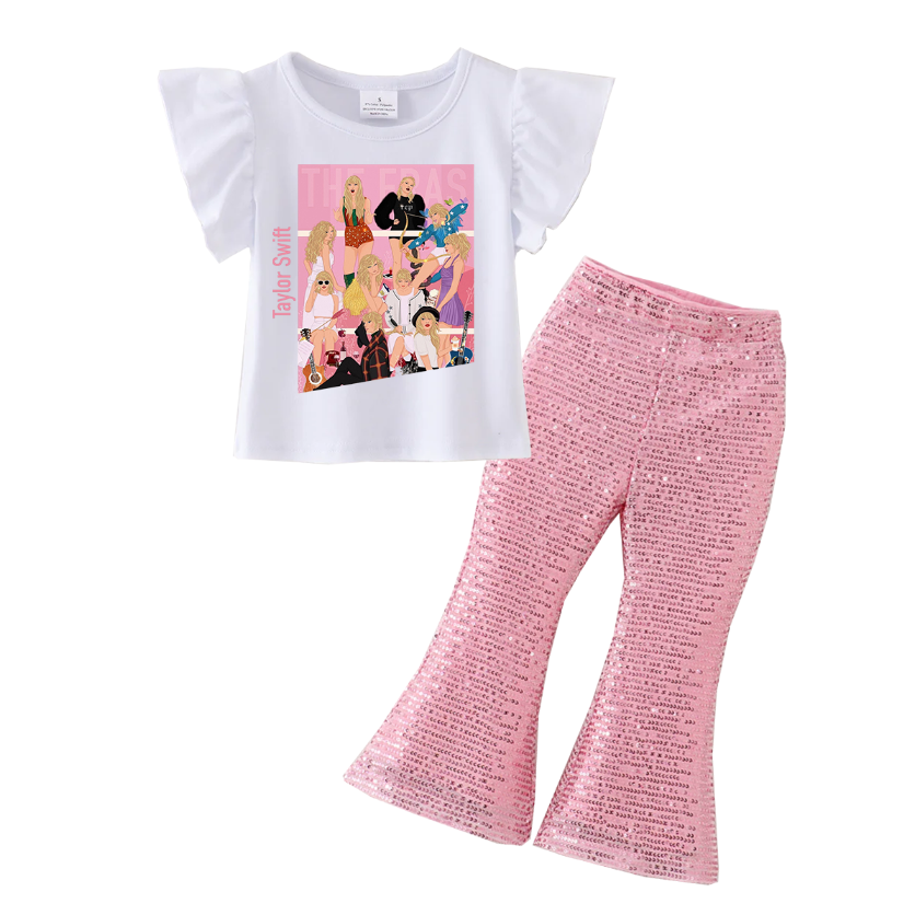 (Pre Order)Girls Cotton Print Top Pink Sequins Flare Pant Set