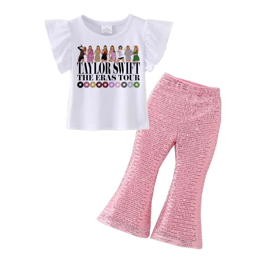 (Pre Order)Girls Cotton Print Top Pink Sequins Flare Pant Set