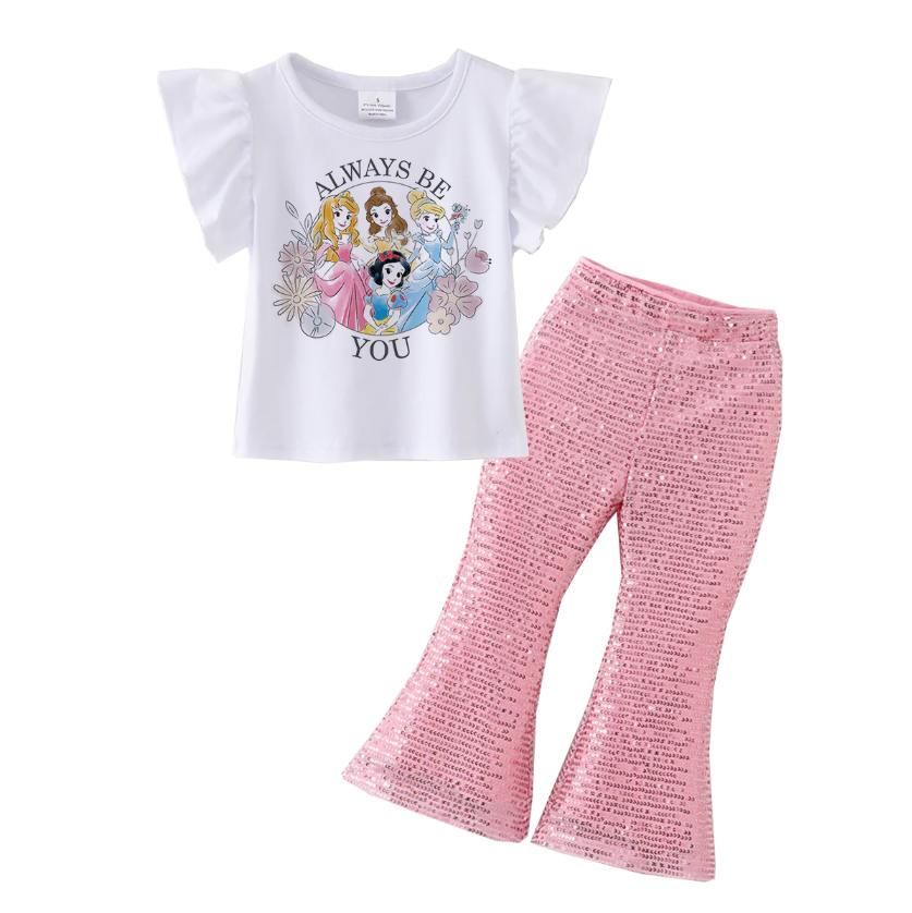(Pre Order)Girls Cotton Print Top Pink Sequins Flare Pant Set