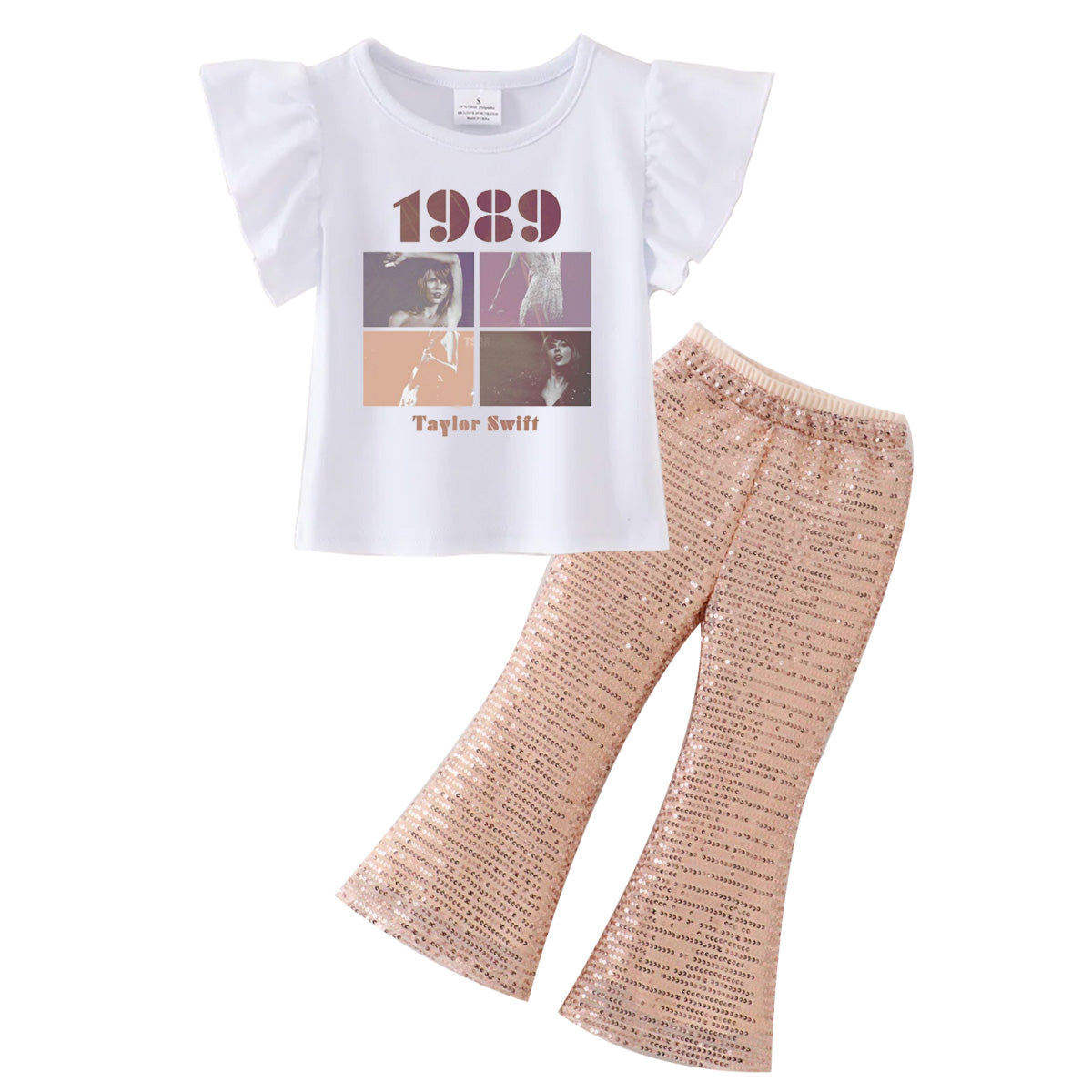 (Pre Order)Girls Cotton TS Print Top Sequins Flare Pant Set