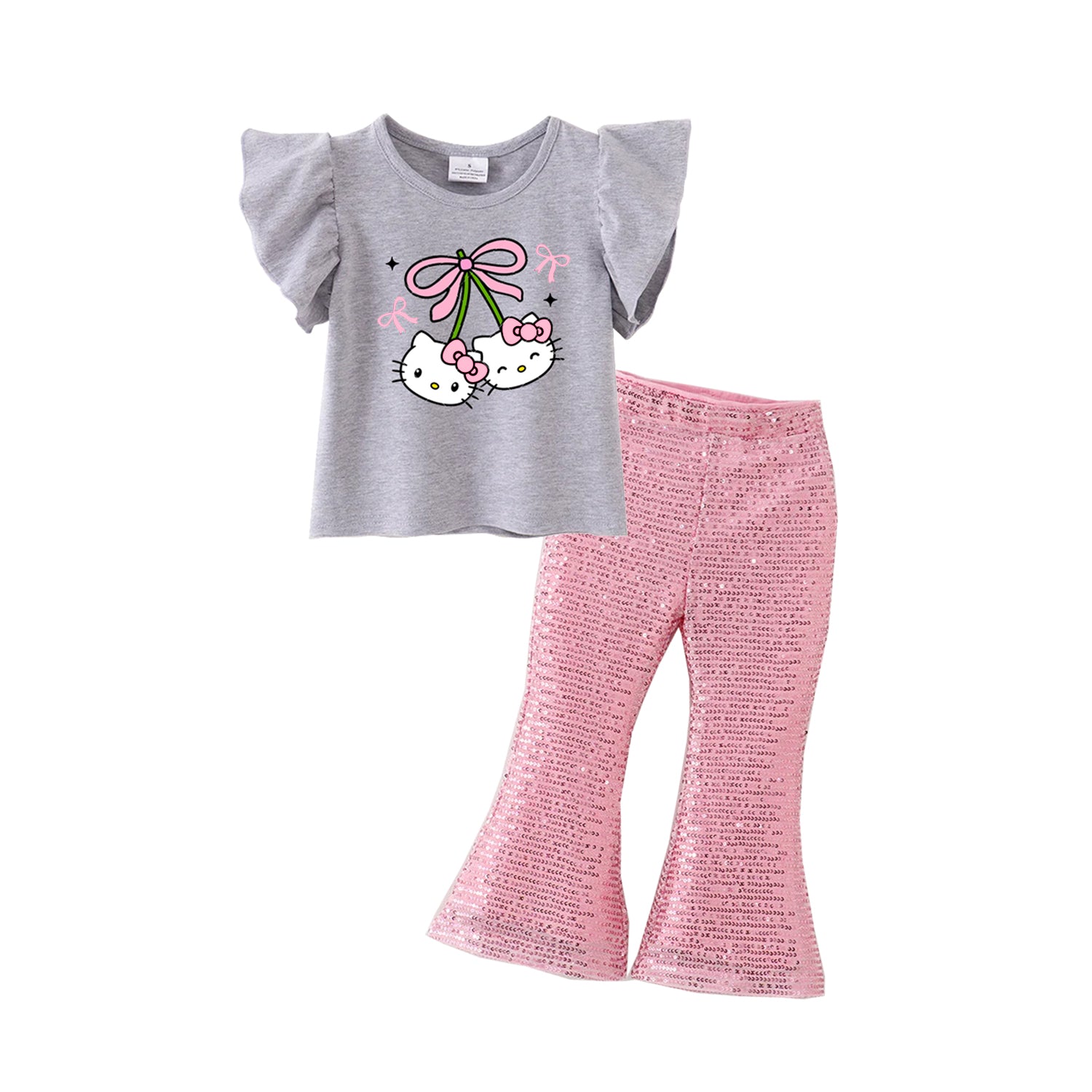 (Pre Order)Girls Cotton Print Top Sequins Flare Pant Set
