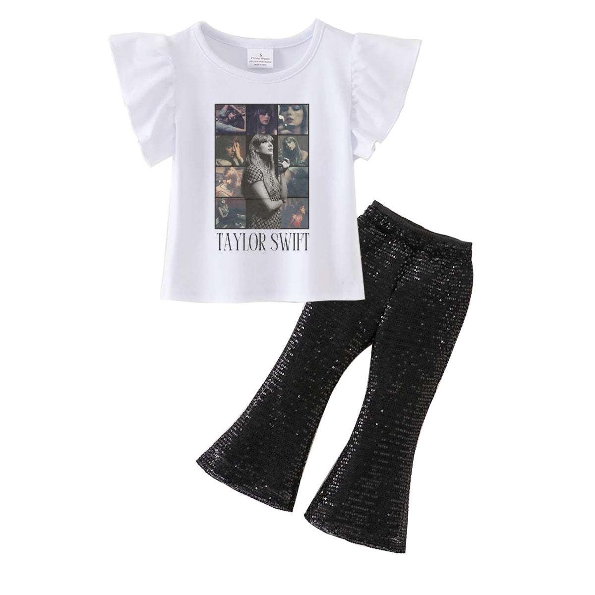 (Pre Order)Girls Cotton TS Print Top Sequins Flare Pant Set