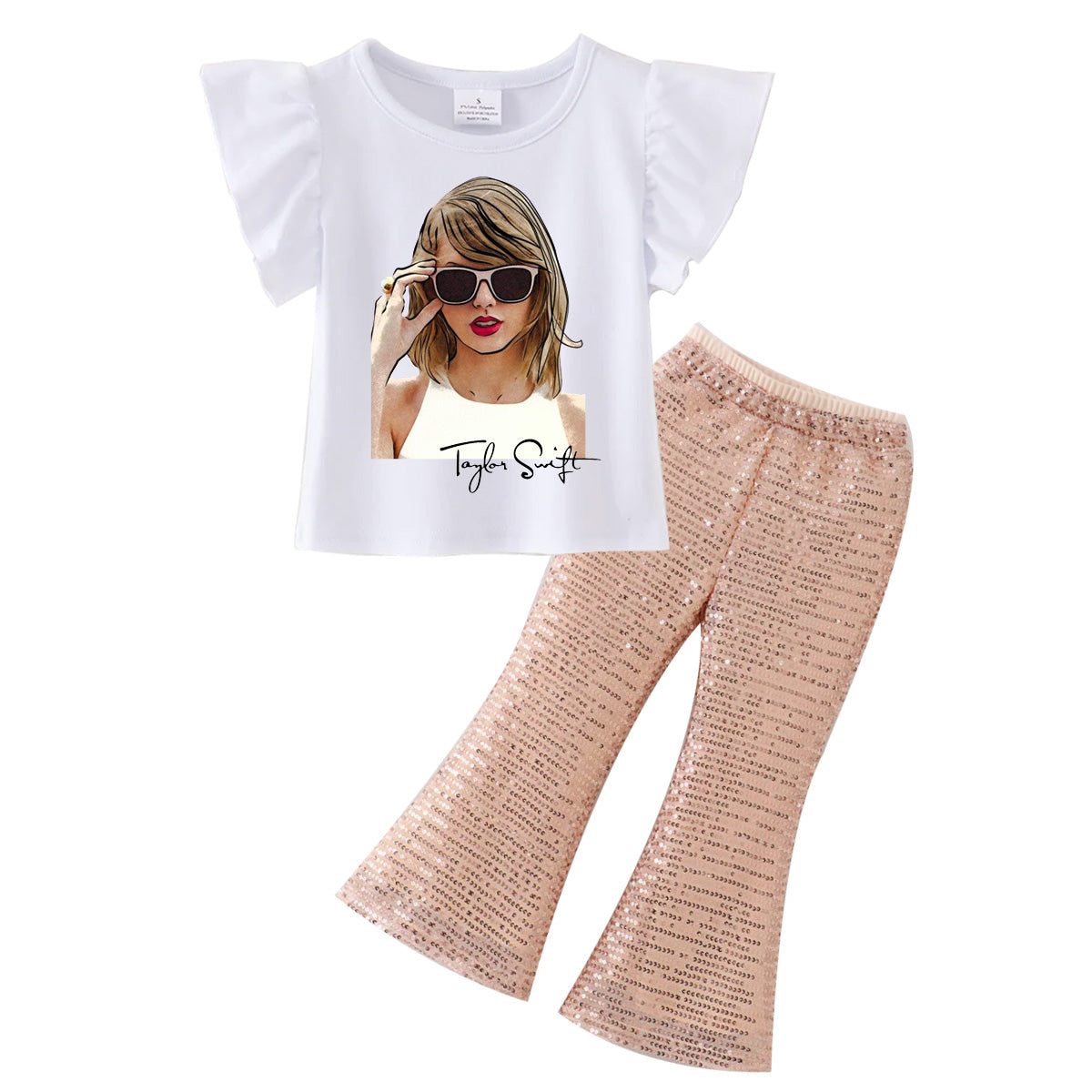 (Pre Order)Girls Cotton TS Print Top Sequins Flare Pant Set