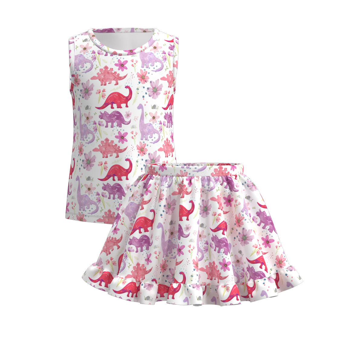 (Pre Order)Girls Summer Dinosaurs Print Skirt Set