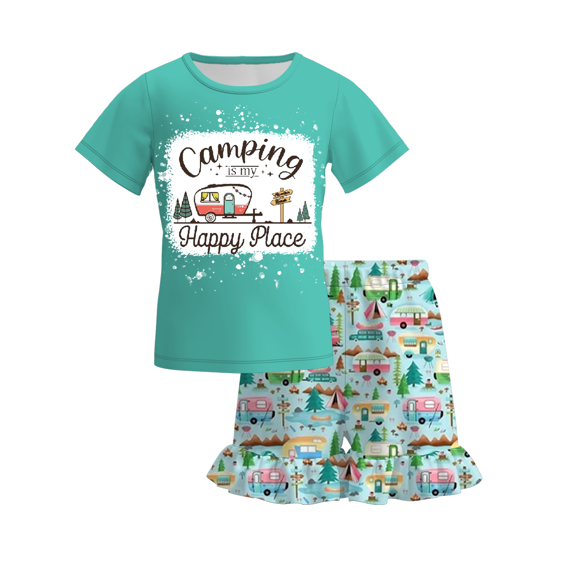 (Pre Order)Girls Summer Camping Print Short Set