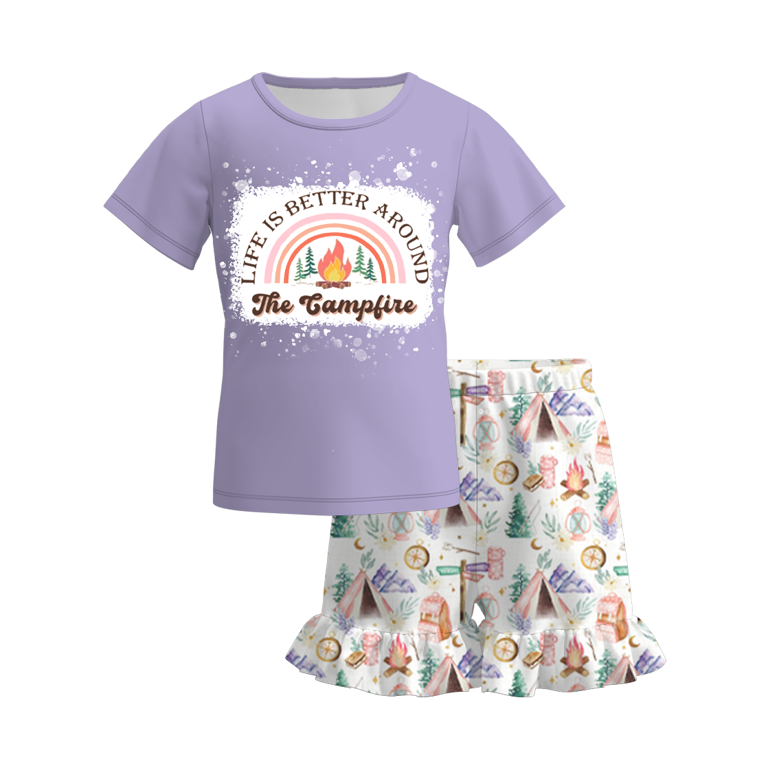 (Pre Order)Girls Summer Camping Print Short Set