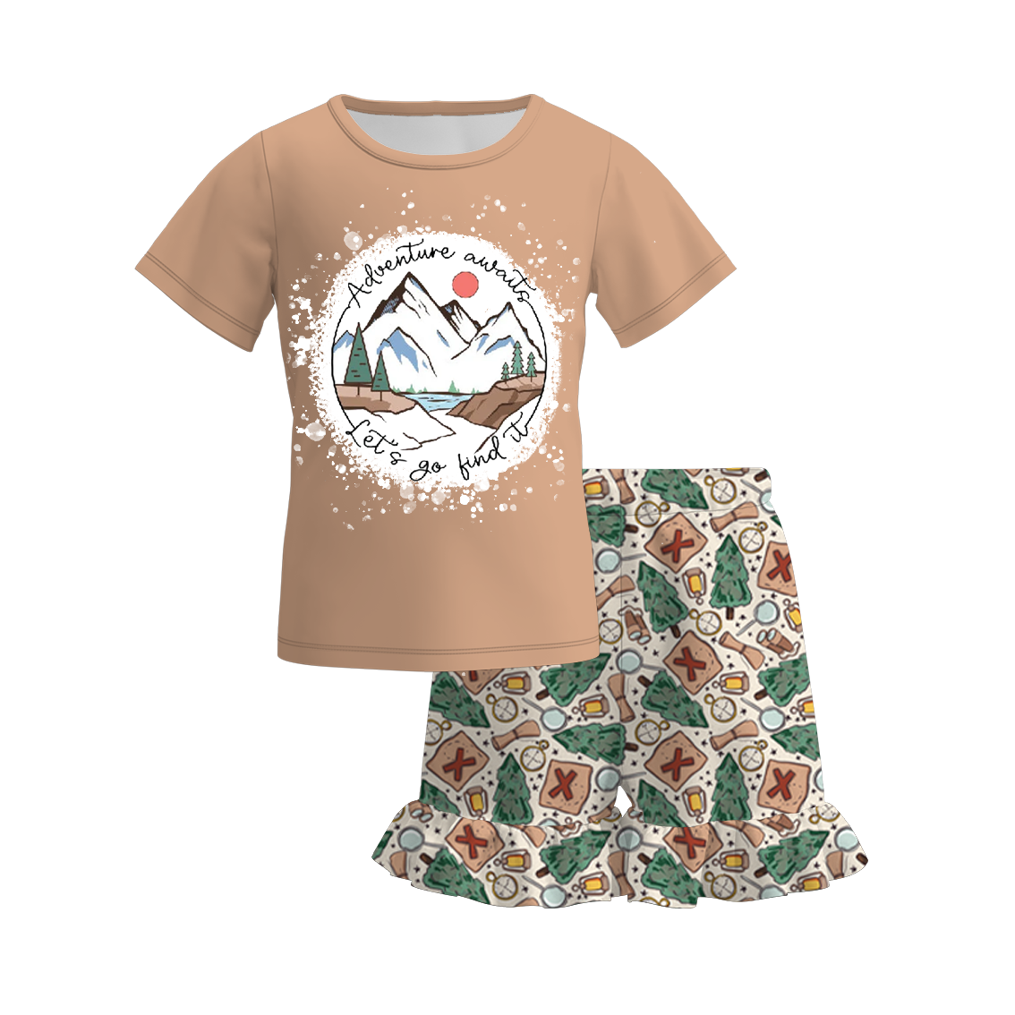 (Pre Order)Girls Summer Camping Print Short Set
