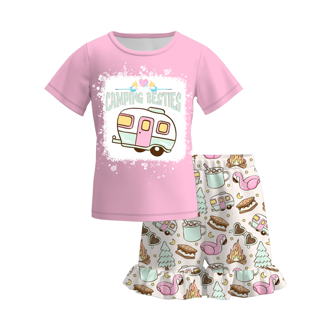 (Pre Order)Girls Summer Camping Print Short Set