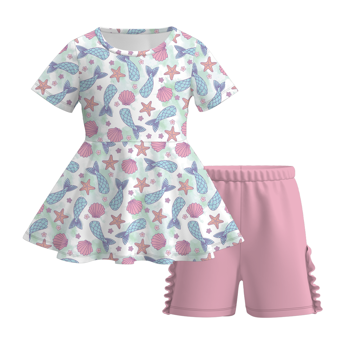 (Pre Order)Girls Under The Sea Print Milk Silk Short Set