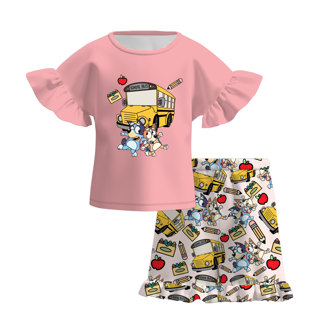 (Pre Order)Girls Back To School Print Short Set