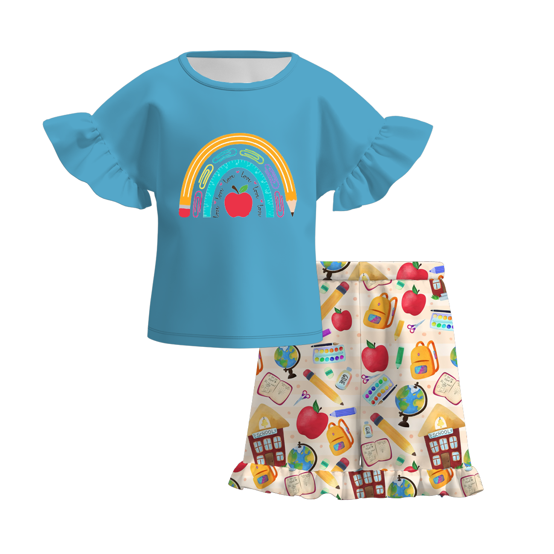 (Pre Order)Girls Back To School Print Short Set