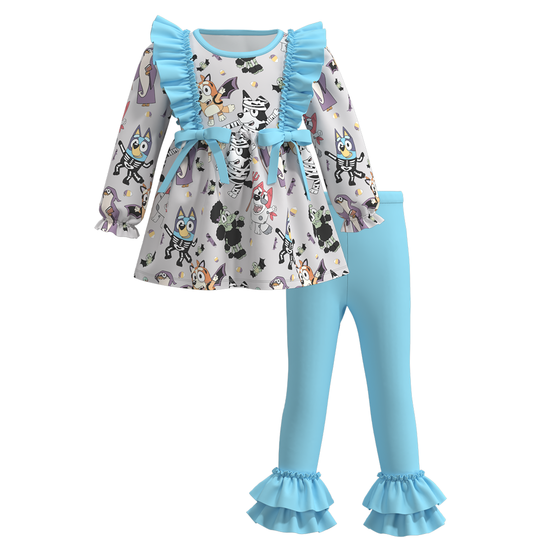 (Pre Orders)Girls Halloween Cartoon Print Ruffled Outfit Set