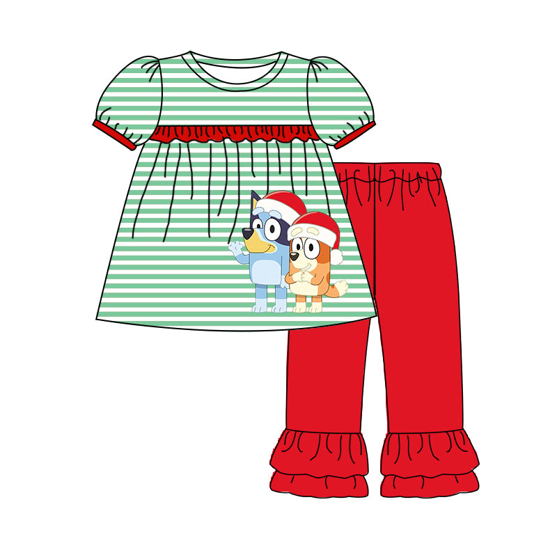 (Pre Order)Girls Christmas Cartoon Print Green Stripe Outfit Set