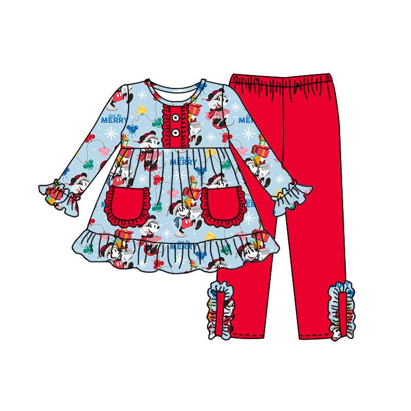 (Pre Order)Girls Christmas Cartoon Print Outfit Set