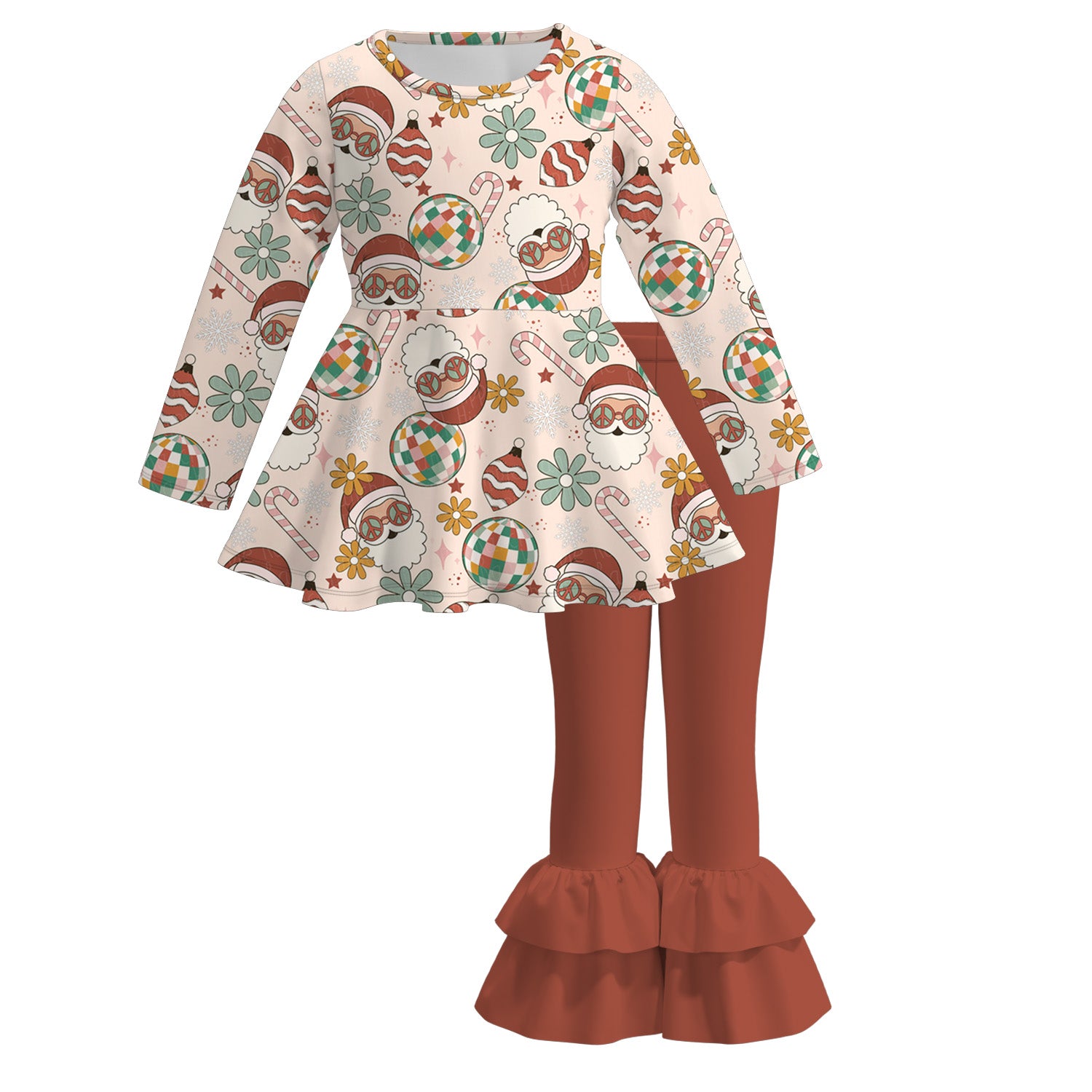 (Pre Order)Girls Christmas Cartoon Print Outfit Set