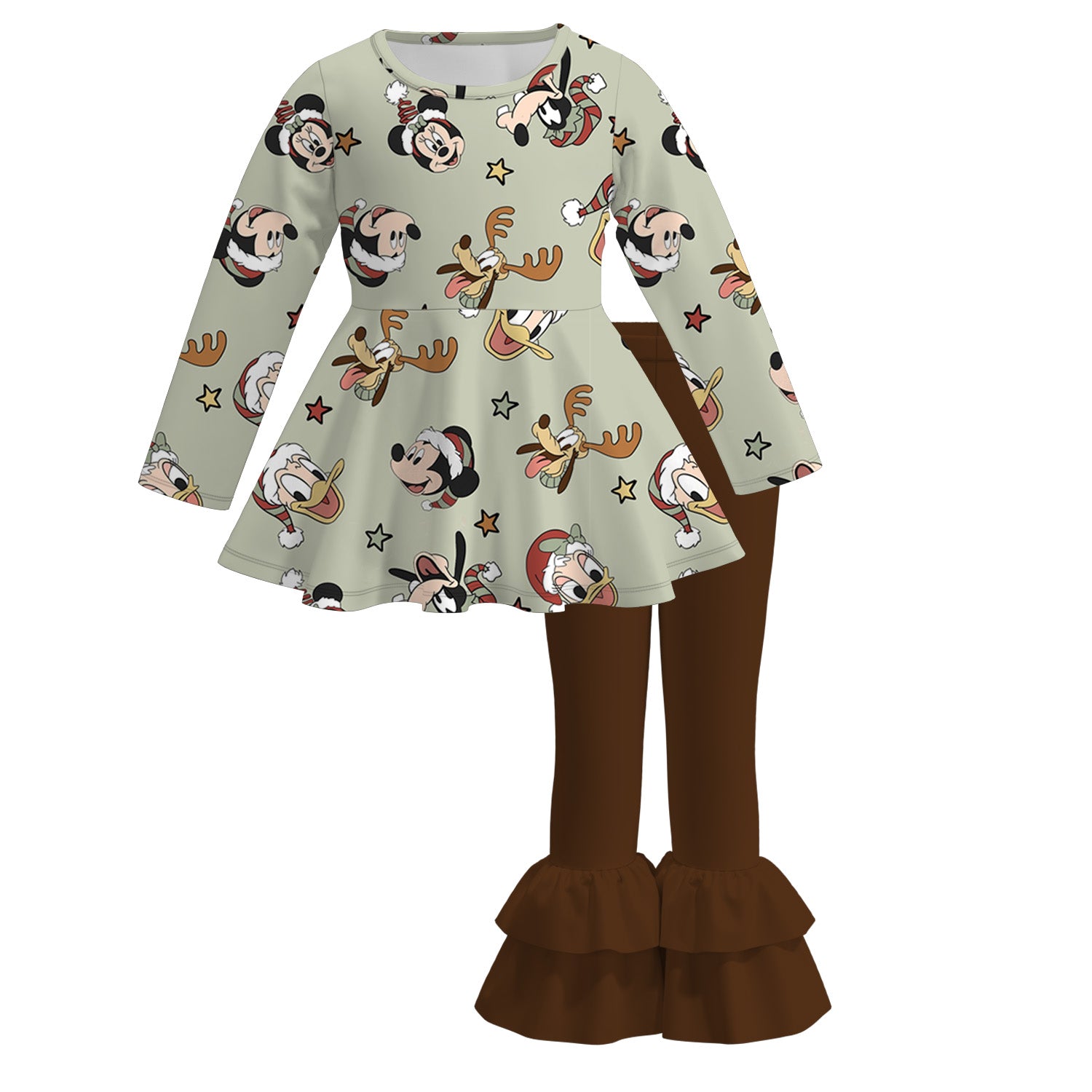 (Pre Order)Girls Christmas Cartoon Print Outfit Set