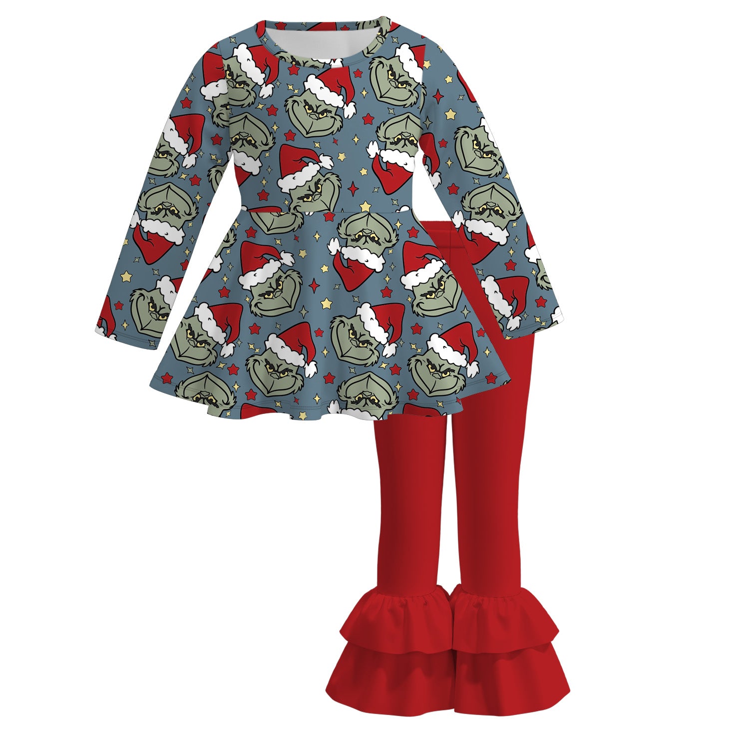 (Pre Order)Girls Christmas Cartoon Print Outfit Set