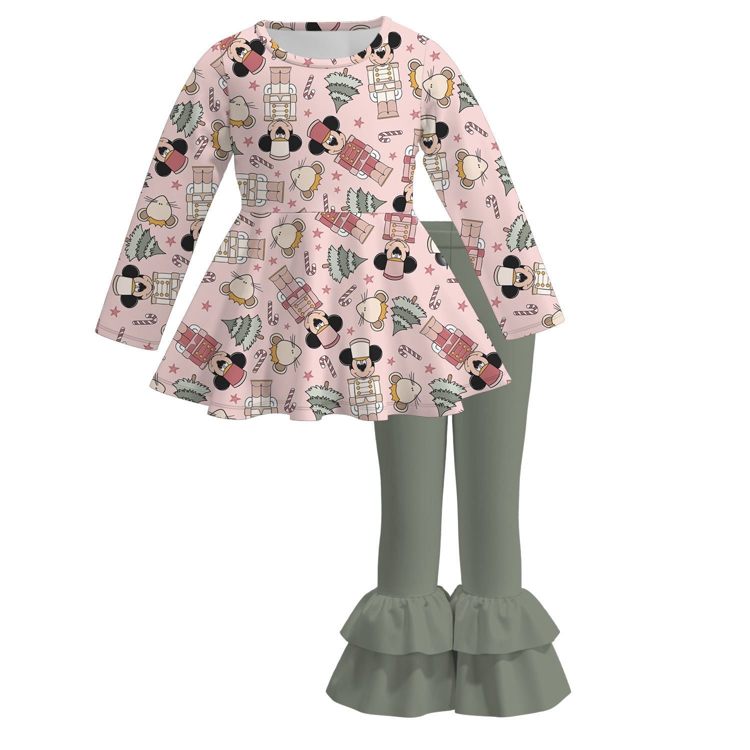 (Pre Order)Girls Christmas Cartoon Print Outfit Set