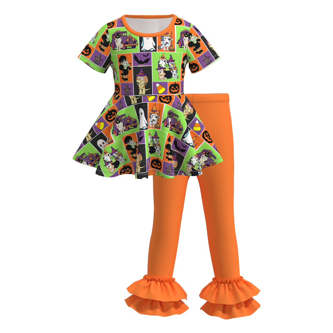 (Pre Order)Girls Halloween Cartoon Print Outfit Set