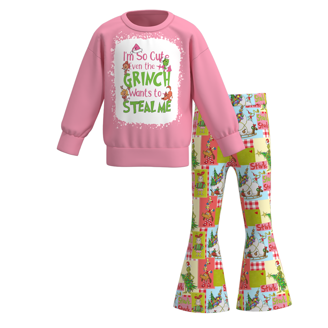 (Pre Order)Girls Christmas Print Sweatshirt Bell Pants Set
