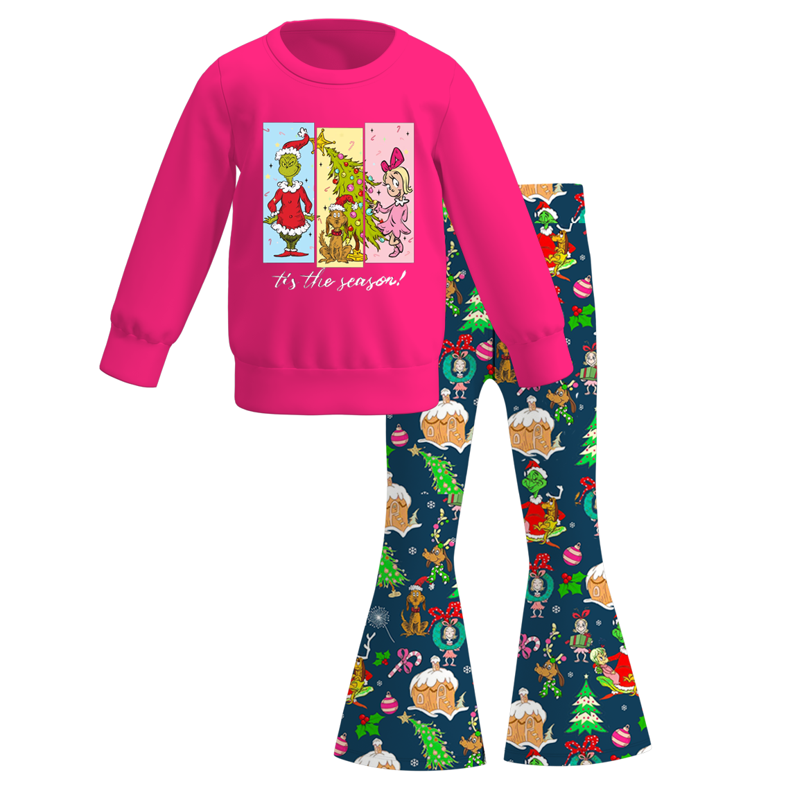 (Pre Order)Girls Christmas Cartoon Print Sweatshirt Bell Pants Set