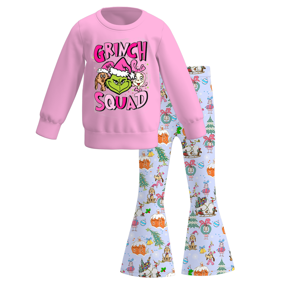 (Pre Order)Girls Christmas Cartoon Print Sweatshirt Bell Pants Set